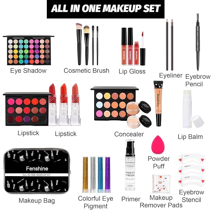 Fenshine All In One Makeup Kit for Women, Full Makeup Gift Set for Beginners, Makeup Essential Starter Bundle Include Eyeshadow Palette Lipstick Eyebrow Pencil Brush Set (Type C)-VivaGrace Women