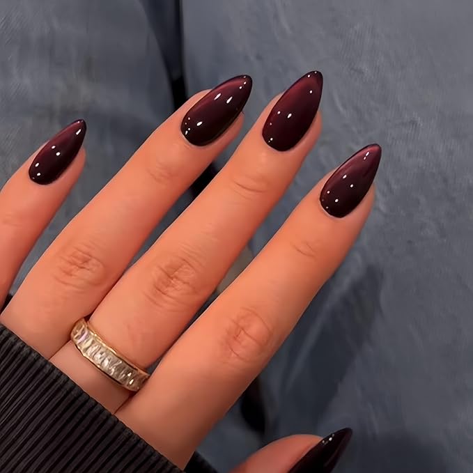 KQueenest Cat Eye Pink Press on Nails Almond Shape, 30 Pcs Glitter Fake Nails Medium, Thick Sparkly Black Nails Press on, Shiny Acrylic Nails, Cute Bling Stick on Nails for Women