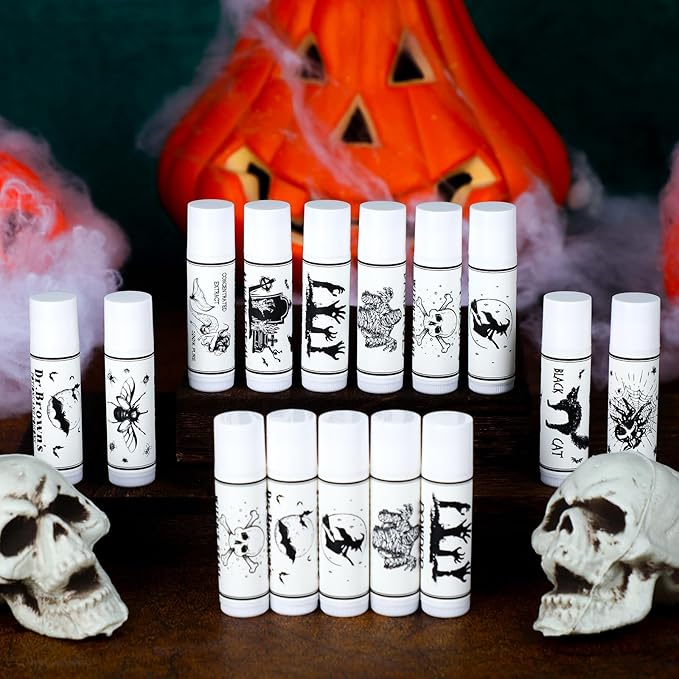 50 Pcs Halloween Spooky Lip Balm Gifts Bulk Vintage Apothecary Skull Lip Balm Favors Honey Flavor Lip Balms Halloween Party Supplies Goodies Halloween Treat Bag Stuffer for Kids Adults-VivaGrace Women