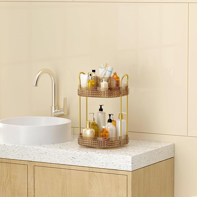 360° Rotating Makeup Organizer 2 Tier, Large Skincare Clear Make Up Storage Spinning Perfume Organizers for Bathroom Counter Dresser, Pink-VivaGrace Women