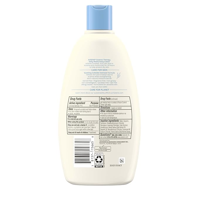 Aveeno Eczema Therapy Daily Moisturizing Body Cream for Sensitive Skin, Soothing Eczema Relief Cream, Colloidal Oatmeal & Ceramide for Dry & Itchy Skin, Steroid- & Fragrance-Free, 12 oz-VivaGrace Women