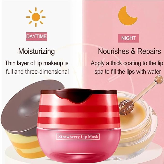 Bee Lip Balm Honey Pot,Honey Lip Mask Propolis Moisturizing Lip Balm with Stick,Hydrating and Prevention Dry and Cracked Lip Scrubs Exfoliator (2 PCS, Honey & Strawberry)-VivaGrace Women