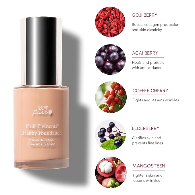 100% PURE Healthy Foundation Full Face Coverage Makeup, Liquid Matte Finish with Anti-Aging Benefits - Vegan Gorgeous Fruit Pigmented Sand Color (Light Medium with Neutral Undertone) - 1 Fl Oz-VivaGrace Women