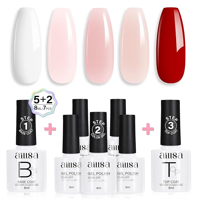 AILLSA Nude Pink Gel Nail Polish Set - White, Red, Milky Neutral Translucent Gel Polish with Base and Top Coat - 5+2 Kit - Bright Wedding Color - Jelly Soak Off U V Manicure Salon DIY at Home