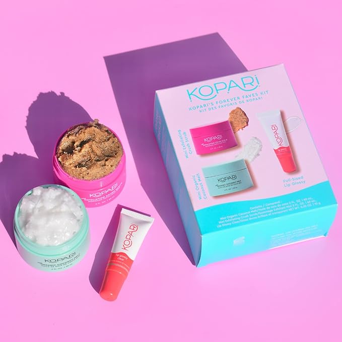 Kopari Forever Faves Bundle | Mini Organic Coconut Melt, Exfoliating Mini Coconut Crush Scrub, Clear Moisturizing Lip Glossy | Body and Lip Kit to Soothe and Hydrate Dry Skin | Cruelty Free, Vegan-VivaGrace Women