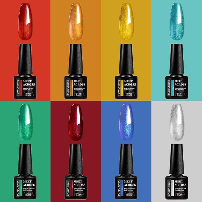 MEET ACROSS 12pcs Gel Nail Polish Set,Soak Off UV LED Lamp Gel Nail Polish Kit,Fashion Shimmer Nail Art Design Gifts for Women Manicure Salon (metalized)