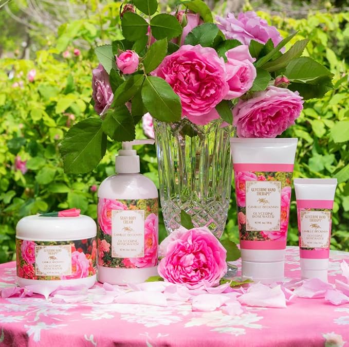 Camille Beckman Essentials Gift Basket, Glycerine Rosewater, Glycerine Hand Therapy 6 oz, Silky Body Cream 13 oz, Hand and Shower Cleansing Gel 13 oz, Glycerine Soap 3.5 oz-VivaGrace Women