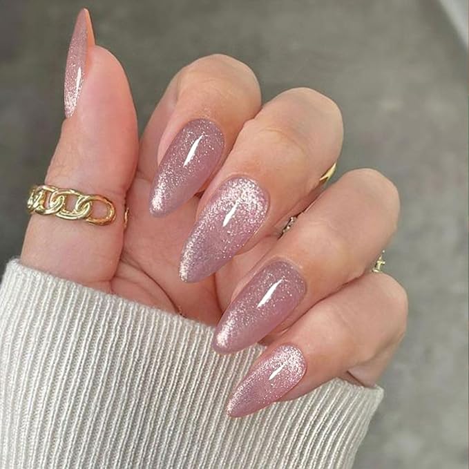 Nude Pink Press on Nails Medium Almond Fake Nails with Cat Eye Designs Glossy Stick on False Nails Acrylic Glitter Glue on Nails for Women