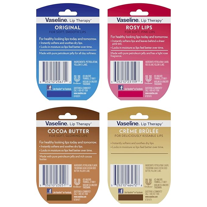 Vaseline Lip Therapy Rosy Lips, Cocoa Butter, Creme Brulee, Original - Vaseline Lip Balm, Tinted and Clear Lip Gloss Set, 2 of Each, 0.25 Oz Ea (8 Piece Set)-VivaGrace Women