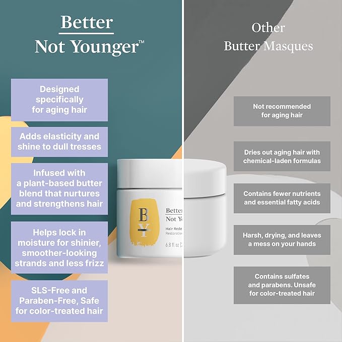 Better Not Younger Restorative Butter Hair Masque 6.8 fl oz - Hair Repair Mask with Plant-Based Butters, Biotin, Argan & Caffeine for Women Over 40 - Restores Moisture, Adds Volume & Boosts Shine-VivaGrace Women