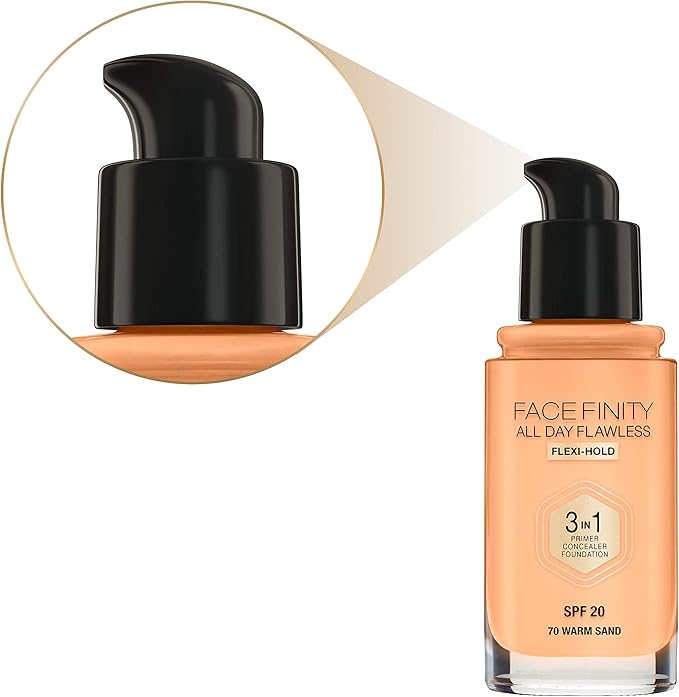 Max Factor Facefinity 3-in-1 All Day Flawless Liquid Foundation, SPF 20-70 Warm Sand, 30 ml-VivaGrace Women