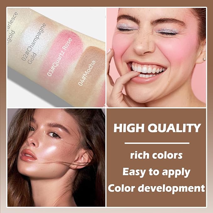 Highlighter Stick Cream Blush Stick Bronzer Contour Stick Makeup,3 PCS Cream Contour Kit with Contour Brush,Long Lasting & Professional Highlighters Makeup Stick for Beginner-VivaGrace Women