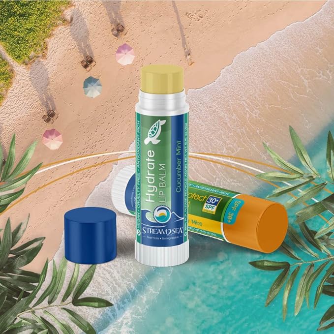 STREAM 2 SEA Cucumber Mint Lip Balm Set, Reef Safe SPF 30 and Hydrate Organic Lip Balms, Moisturizing Indoor + Sun Protect Outdoor Lip Balm For Beach and Sports, Paraben Free, Cruelty Free Lip Care-VivaGrace Women