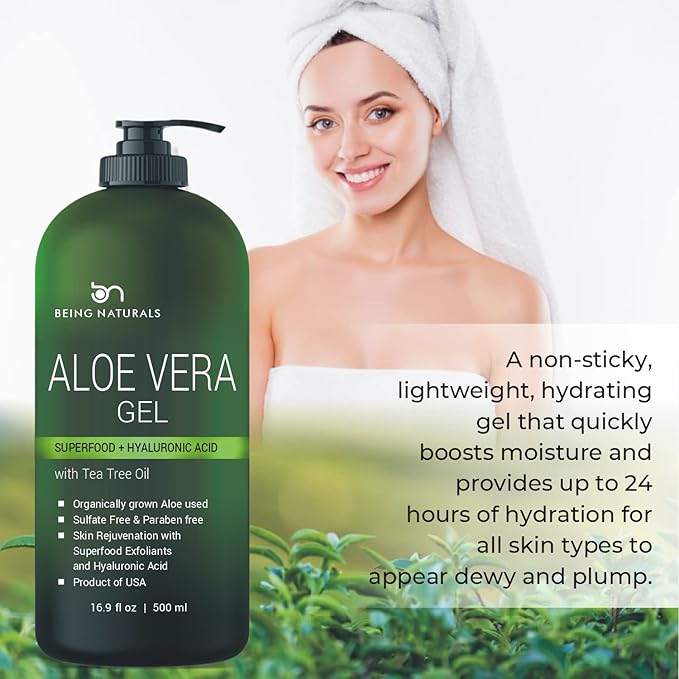 Aloe vera Gel - from 100% Pure Organic Aloe - Natural Raw Moisturizer for Face, Body, Hair. Perfect for Sunburn, Acne, Razor Bumps 16.9 fl oz (Tea Tree, Superfood, Hyaluronic Acid)-VivaGrace Women