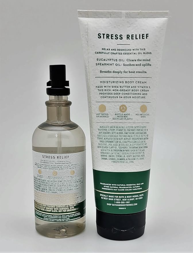 Bath & Body Works - Aromatherapy - Eucalyptus Spearmint – Stress Relief - 2 pc Bundle - Essential Oil Mist- 5.3 fl oz - & Body Cream - 8 oz-VivaGrace Women