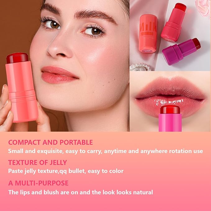 2 Pcs Milk Jelly Blush,Jelly Tint Blush Stick Sheer Lip & Cheek Stain Milk Cooling Water Jelly Tint Long Lasting Face Blushes, Lip Gloss Cheek Solid Moisturizer Stick (01#+02#)-VivaGrace Women