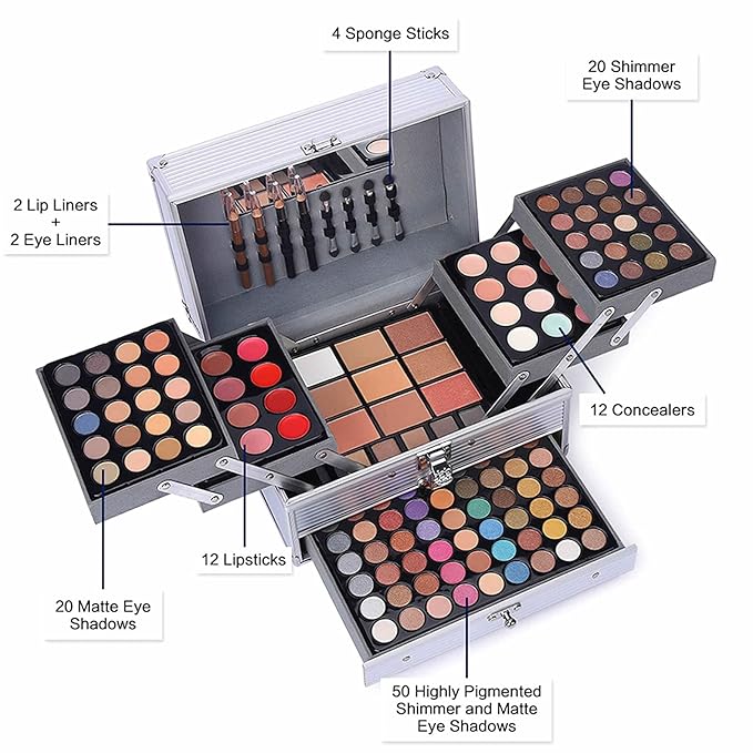 132 Color All In One Makeup Kit,Professional Makeup Case Set for Teen Girls, Multicolor Eyeshadow Palette(006N2-Silver)-VivaGrace Women
