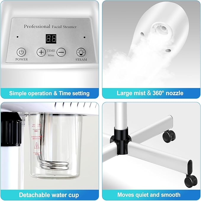 Professional Facial Steamer on Wheels, Esthetician Steamer with Hot Ozone Mist, Stand Face Steamer for Facial Deep Cleaning, Steamer for Facial for Personal Care or Spa, White-VivaGrace Women