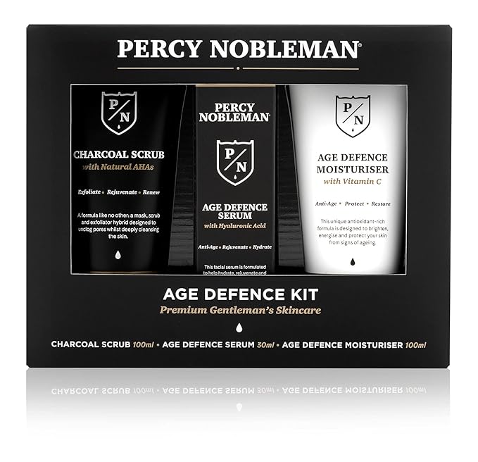 Percy Nobleman Age Defence Kit, a men's skincare set containing Charcoal Face Scrub (with Natural AHAs), ultra-hydrating Facial Serum (with Hyaluronic Acid), and Moisturiser (with Vitamin C)-VivaGrace Women