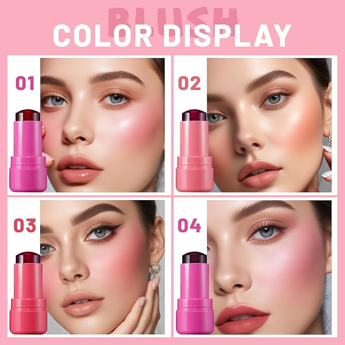 4 Pcs Jelly Blush Stick,Sheer Lip & Cheek Stain Makeup Cooling Water Jelly Tint, Multiple Use Long Lasting Jelly Texture Non-Stick Blush for Cheeks, Pigmented Waterproof Makeup Blush-VivaGrace Women
