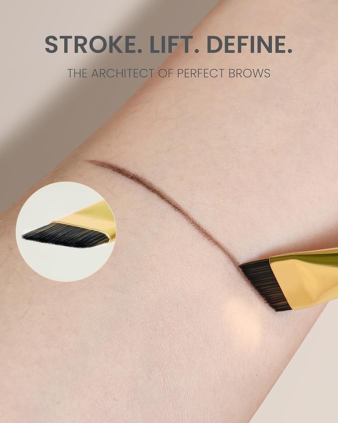 Desert Oak Series MicroBlade Angled Brow Brush - 11mm Ultra-Fine Nylon Bristles for 1mm Hair Strokes, Pomade/Gel/Powder Application, Bubinga & Brass (CM 190)-VivaGrace Women