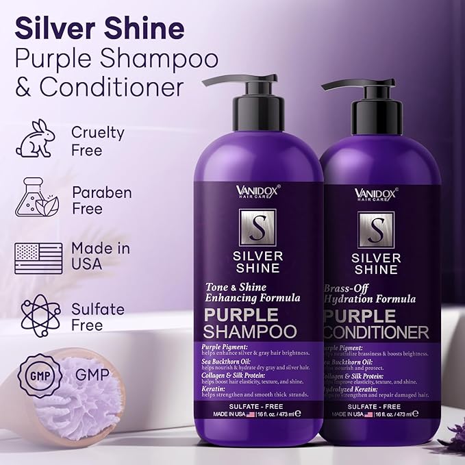 Sulfate Free Brass Toning Purple Shampoo and Conditioner Set for Grey and Silver Hair, Moisturizing & Color-Safe, Enhances Shine & Brightness, Made in USA (16 fl oz each)-VivaGrace Women