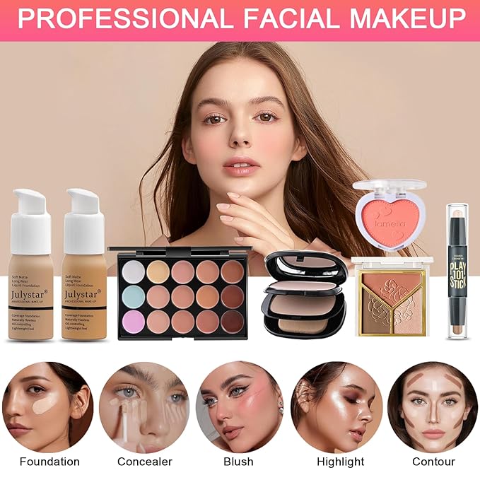 All in One Makeup Kit for Women Full Kit, Professional Travel Makeup Kit for Women & Teens, Foundation Eyeshadow Lipstick Brow Pencil Eyeliner Contour Powder, Complete Make Up Gift Set for Beginners-VivaGrace Women
