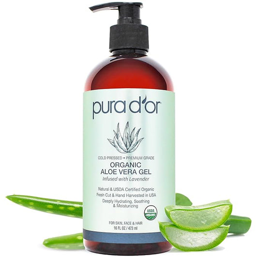 PURA D'OR 16 Oz ORGANIC Aloe Vera Gel - Lavender - All Natural - ZERO Artificial Preservatives - Deeply Hydrating & Moisturizing - Sunburn, Bug Bites, Rashes, Small Cuts, Eczema Relief - Skin & Hair-VivaGrace Women