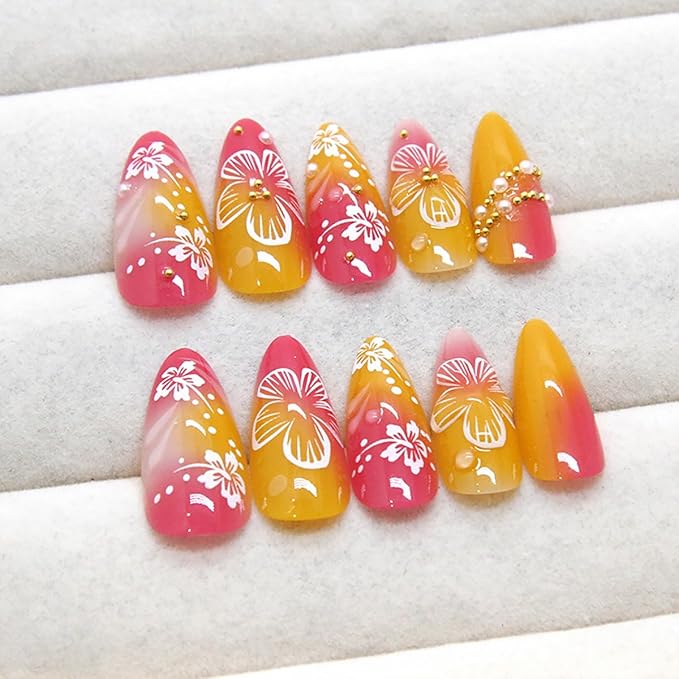 24Pcs Flower Press on Nails Medium Almond Handmade Fake Nails with 3D Pearl Charms Design Orange Red False Nails Full Cover Artificial Glue on Nails Spring Summer Stick on Nails for Women DIY Manicure