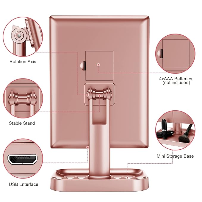 HUONUL Makeup Mirror, 10X 3X 2X Magnification, Lighted Makeup Mirror, Touch Control, Dual Power Supply, Portable LED Mirror, Women Gift (Rose Gold)-VivaGrace Women