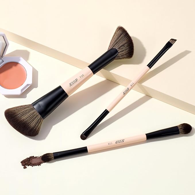 Jessup Travel Makeup Brushes Set 3pcs, Double Sided Contour Brush Dual Ended Eye Shadow Shader Eyeliner Brush, Multi-functional Makeup Set Peach Dust T507-VivaGrace Women