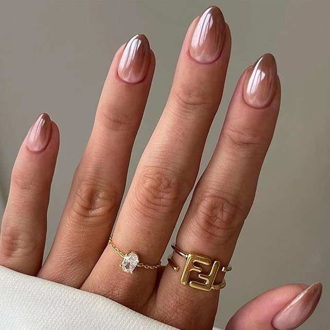 Medium Press on Nails Almond Fake Nails with Ombre Designs Gradient Brown Full Cover False nails Glossy Glue on Artificial Nails for Women