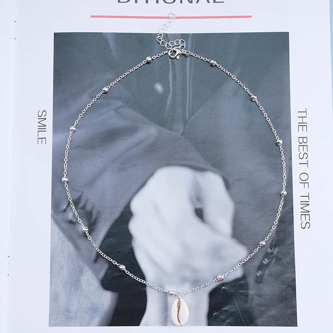 Bohemia Sea Shell Choker Necklace Natural Shell Pendant Necklace Minimalist Cowrie Necklace Silver Satellite Chain Necklace Jewelry for Women and Girls-VivaGrace Women