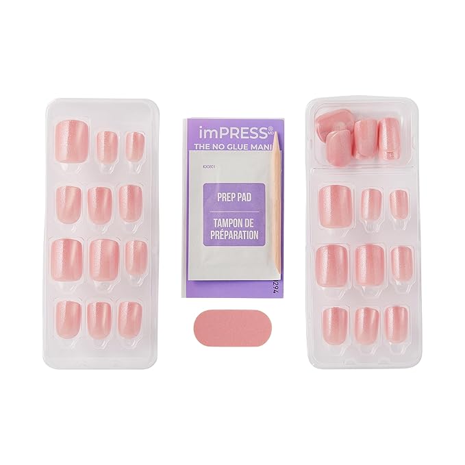 WICKED X imPRESS Design Press On Nails , The EASIEST NO GLUE Mani, Super Hold Adhesive, ‘Glinda-fied’, Pink, Short Squoval, Includes 30 Fake Nails, 1 Prep Pad, 1 Manicure Stick, 1 Mini File