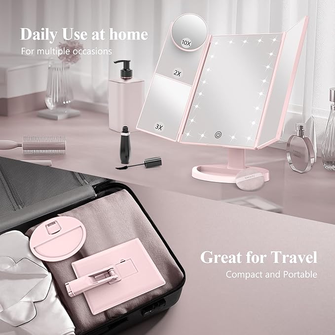 HUONUL Makeup Mirror Vanity with Lights, 2X 3X 10X Magnification, Lighted Mirror, Touch Control, Trifold Dual Power Supply, Portable LED Women Gift (Pink)-VivaGrace Women