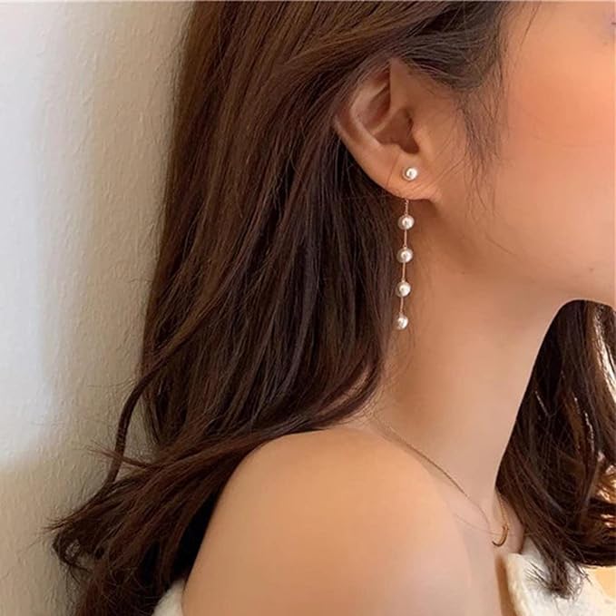 Boho Pearl Dangle Earrings Gold Pearl Drop Stud Earrings Long Pearl Tassel Earrings Vintage Pearl Linear Earrings Jewelry for Women and Girls-VivaGrace Women