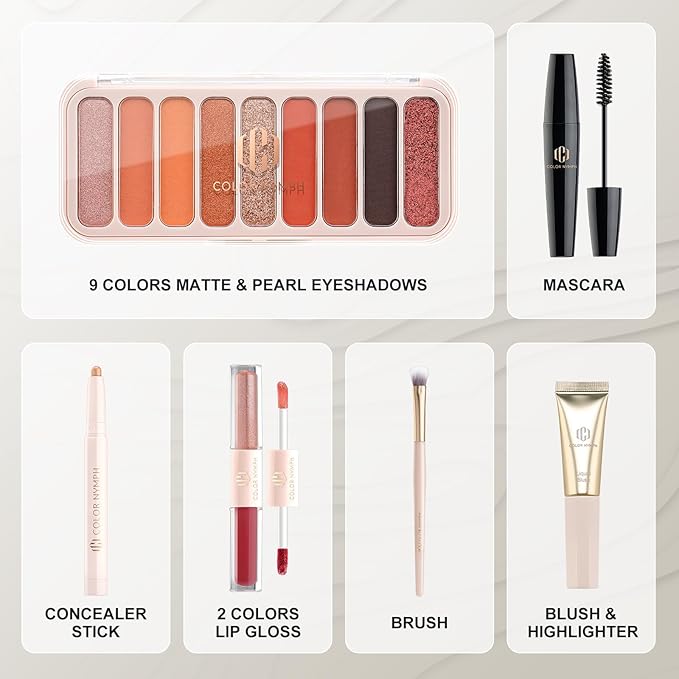 Color Nymph All In One Makeup Kit For Teens And Girls With Waterproof Handbag Makeup Kit Included 9 Colors Matte And Pearl Eyeshadow Palette Liquid Blush, Double Ended Lipgloss Concealer Brush Mascara-VivaGrace Women