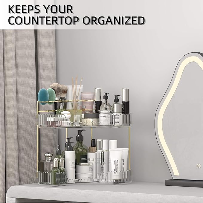 Makeup Organizer Countertop 2 Tier, Corner Bathroom Countertop Organizer with Toothbrush and Makeup Brush Holder, Corner Vanity Tray for Skincare Organization-VivaGrace Women