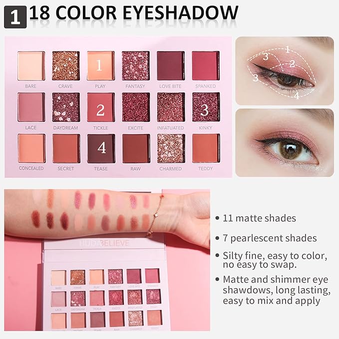 All In One Makeup Essential Starter Kit for Beginners or Pros, 18 Colors Naked Eyeshadow Palette Nude Face Primer, Brush, Sponge, Eyebrow Powder, Winged Eyeliner Stamp (SetA)-VivaGrace Women
