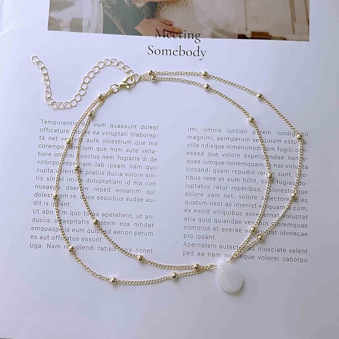 Layered Teardrop Pendant Necklace Teardrop Natural Stone Necklace Teardrop Gemstone Necklace Chain White Teardrop Necklace Choker Gold Satellite Chain Necklace Jewelry for Women and Girls-VivaGrace Women
