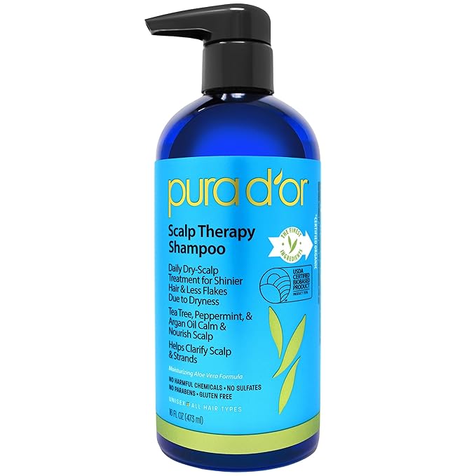 PURA D'OR Therapy Shampoo (16oz) Hydrates & Nourishes - Scalp Care Shampoo For Itchy Flaky Scalp w/ Tea Tree, Peppermint, Patchouli, Cedarwood, Clary Sage, Argan Oil (Packaging may vary)-VivaGrace Women