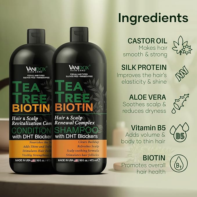 Tea Tree Oil Shampoo and Conditioner Set with Biotin, DHT Blockers, Itchy Scalp Relief, Supports Thicker-Looking Hair, Cleanses Dandruff & Buildup, For Men & Women, Made in USA, 16 fl oz Each-VivaGrace Women