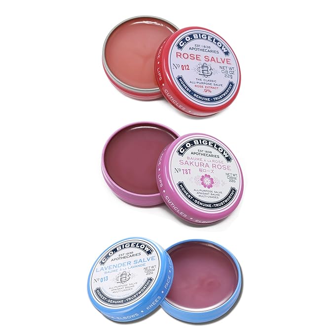 C.O. Bigelow All Purpose Salves, Variety Pack of 3 Lip Balm Tins for Chapped Lips & Dry Skin - Classic Rose, Lavender & Sakura Rose Moisturizing Lip and Skin Salves, 0.8 oz each-VivaGrace Women