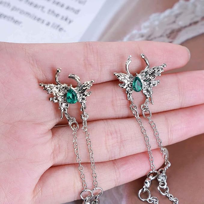 Vintage Emerald Butterfly Earrings Silver Chain Tassel Drop Earrings Butterfly Emerald Stud Earings Long Cz Chain Earrings Jewelry for Women and Girls-VivaGrace Women