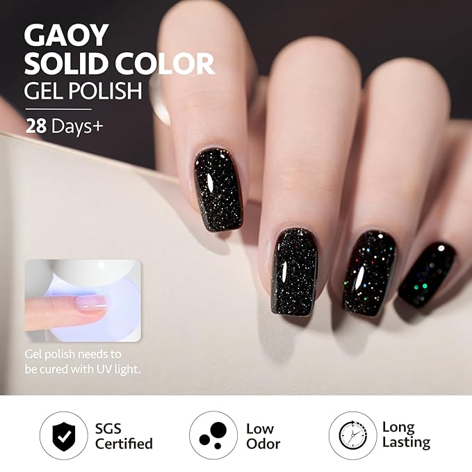GAOY Black Reflective Glitter Gel Nail Polish, 16ml Flash Holographic Soak Off Gel Polish, UV Light Cure for Nail Art DIY at Home, 2910 Space Glitter