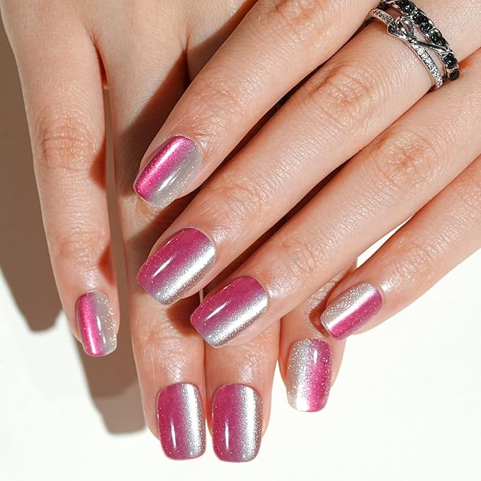 Press on Nails Short, Jofay Fashion Fake Nails, Two-color Ombre Cat Eye Press on Nails, Summer Acrylic False Nails, Reusable Stick on Nails for Women Girls, Glue on Nails Kit 32 Pcs, Cherry Sparkle