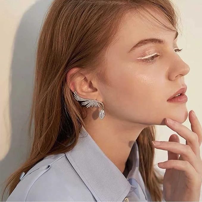 Boho Crystal Angel Wing Earrings Silver Rhinestone Wing Earrings Cz Crystal Ear Climber Earrings Guardian Wing Clip on Earrings Jewelry for Women and Girls Gifts-VivaGrace Women