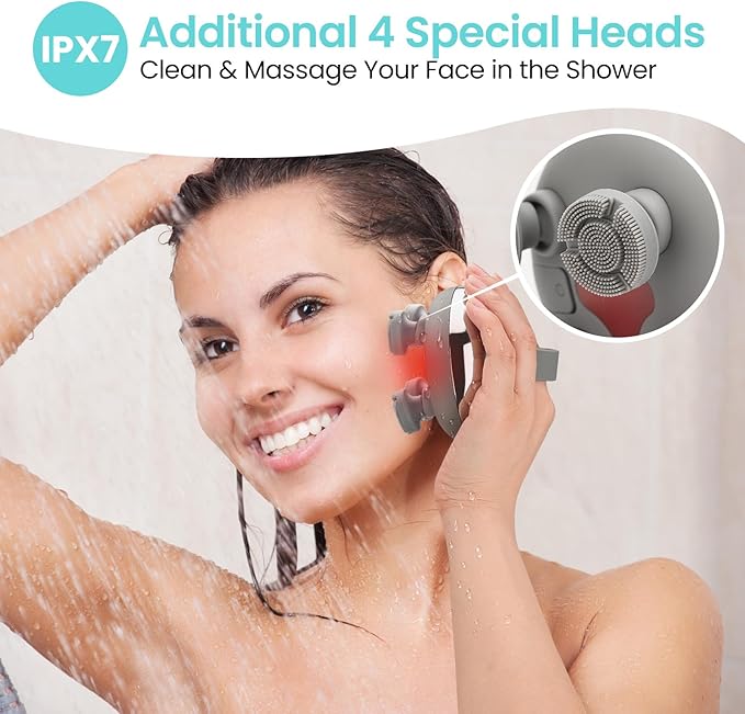 Portable Electric Scalp Massager - Rechargeable IPX7 Waterproof Heated Scalp Massager w/ 100 Kneading Nodes, 3 Speed Modes, 2 Massage Styles, 8 Claws for Scalp/Body Massage & Face Cleaning (SilverïŒ