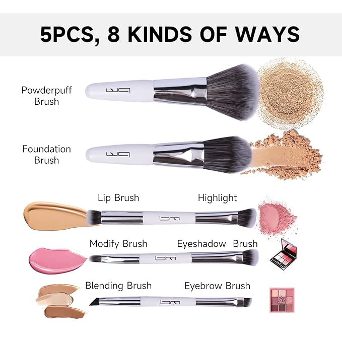Travel Makeup Brushes Set w/Pouch, 5PCS Double Ended Portable Mini Cosmetic Brushes Kit for Foundation, Eyeshadow, Lip, Blush Make Up Brushes Professional(White)-VivaGrace Women