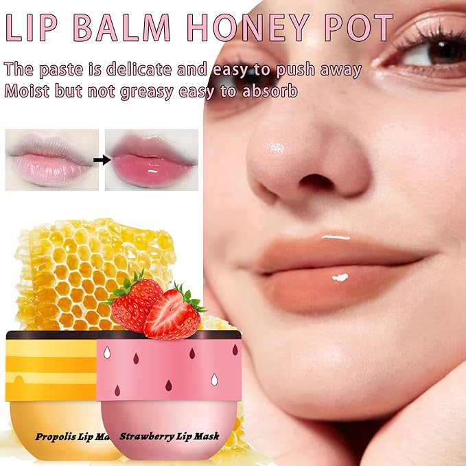 2PCS Lip Mask Overnight, Honey&Strawberry Moisturizing Repair Sleeping Lip Balm, Fade Lip Lines Bee Lip Balm, Hydrating &Prevention Dry and Crack Lip Scrubs Exfoliator (Honey & Honey)-VivaGrace Women